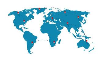 Vector world map with countries borders and red location pointers