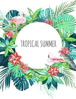 brillante hawaiano diseño con flamencos, tropical plantas y hibisco flores vector