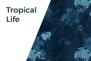 Blue indigo summer tropical hawaiian background with palm tree leaves and exotic flowers vector