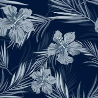 Tropical seamless monochrome blue indigo camouflage background with leaves and flowers vector