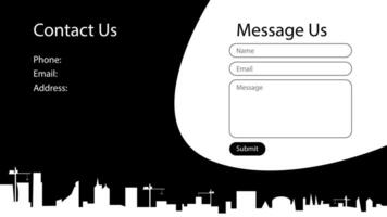 Black and white design of contacts screen with the form of sending messages. City silhouette for a construction company. Vector templates for website design. UI, UX, GUI. EPS 10.