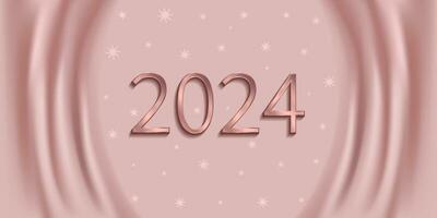 Happy New Year 2024 Bronze Assistance. Unique and luxurious numbers. Powdery background with fabric effect. Shimmering snowflakes. Greeting Card, Banner, Poster. Vector Illustration.