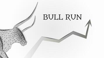 Bull run with a polygonal bull head and an upward arrow on white background. Bullish trend on the stock exchange. Vector illustration.