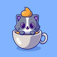 Cute Cat In Coffee Cup Cartoon Vector Icon Illustration. Animal Drink Icon Concept Isolated Premium Vector. Flat Cartoon Style
