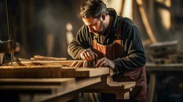 Carpenter working with plane on wooden.AI Generative. photo