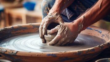 manos trabajando con arcilla en alfarero rueda, artesanía, tradicional arte haciendo.ai generativo. foto
