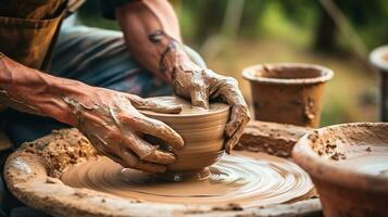 Hands working with clay on potter's wheel, craftsmanship, traditional craft making.AI Generative. photo