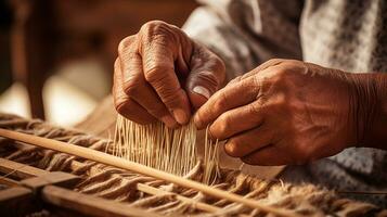 Elderly people's hands weaving white silk cloth On the Heritage Craft loom.AI Generative. photo