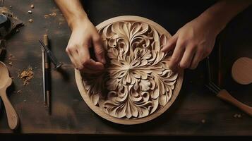 Close-up Carpenter working carving wood.AI Generative. photo