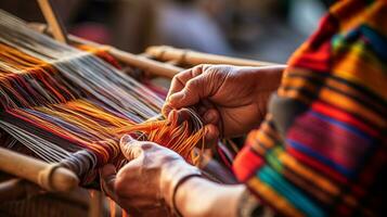 Elderly people's hands are weaving various colored silk cloths. On the Heritage Craft loom. AI Generative. photo