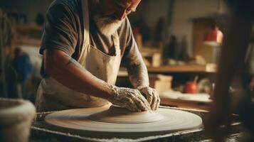 manos trabajando con arcilla en alfarero rueda, artesanía, tradicional arte haciendo.ai generativo. foto