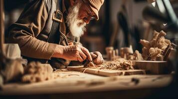 de cerca carpintero trabajando tallado madera.ai generativo. foto