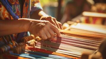 Elderly people's hands are weaving various colored silk cloths. On the Heritage Craft loom. AI Generative. photo