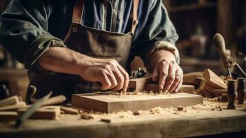 Carpenter working with plane on wooden.AI Generative. photo