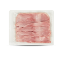 Pork ham in a clear plastic tray cut out isolated transparent background png