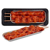 Salmon skewers in a plastic plate cut out isolated transparent background png