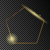 Gold glowing pentagon shape frame isolated on dark background. Shiny frame with glowing effects. Vector illustration.