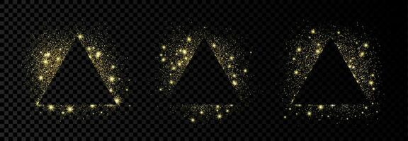 Set of three triangle frames with gold glitter on dark background. Empty background. Vector illustration.