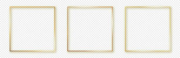 Set of three gold glowing square frames with shadow isolated on background. Shiny frame with glowing effects. Vector illustration.