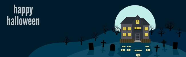 Happy Halloween. Festive banner with a lonely house on a background of the full moon at night. Vector illustration.