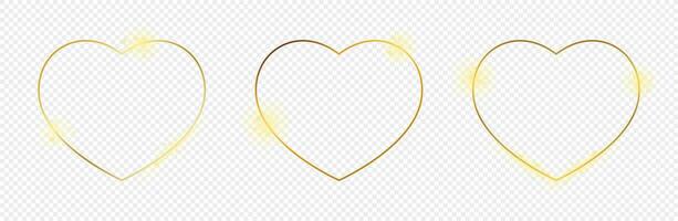 Set of three gold glowing heart shapes isolated on background. Shiny frame with glowing effects. Vector illustration.
