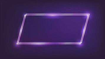 Neon double quadrangle frame with shining effects on dark background. Empty glowing techno backdrop. Vector illustration.