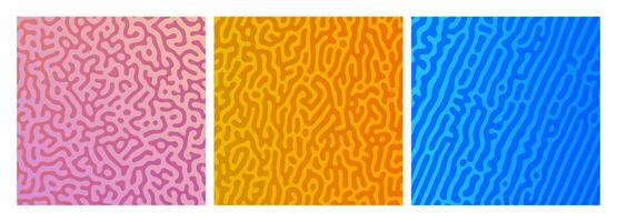 Set of three colorful turing reaction gradient backgrounds. Abstract diffusion pattern with chaotic shapes. Vector illustration.