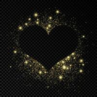 Heart shape frame with golden glitter on dark background. Greeting card with empty dark background. Vector illustration.