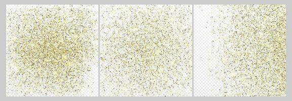 Set of three gold glitter confetti backdrops isolated on white backgrounds. Celebratory texture with shining light effect. Vector illustration.