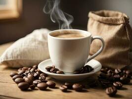 AI Generated Light photo, in white and beige tones. Cup of hot coffee with steam on a wooden background. Coffee beans in a bag. Cozy homely atmosphere in pastel colors. This photo was generated using