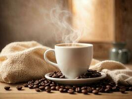AI Generated Light photo, in white and beige tones. Cup of hot coffee with steam on a wooden background. Coffee beans in a bag. Cozy homely atmosphere in pastel colors. This photo was generated using