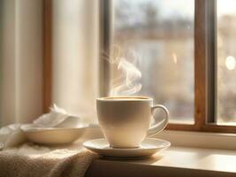 AI Generated Light photo, in white and beige tones. A cup of hot coffee with steam on the windowsill. Cozy homely atmosphere in pastel colors. This photo was generated using Leonardo AI