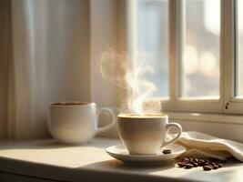 AI Generated Light photo, in white and beige tones. A cup of hot coffee with steam on the windowsill. Cozy homely atmosphere in pastel colors. This photo was generated using Leonardo AI