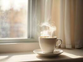 AI Generated Light photo, in white and beige tones. A cup of hot coffee with steam on the windowsill. Cozy homely atmosphere in pastel colors. This photo was generated using Leonardo AI