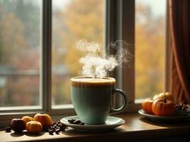 AI Generated cup of coffee with steam on the windowsill, view from the window autumn. Cozy homely atmosphere in pastel colors. This photo was generated using Leonardo AI