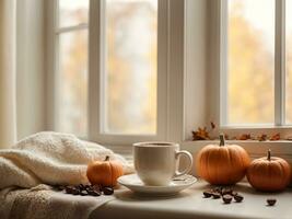 AI Generated Light photo, in white and beige tones. View from the window autumn. Cup of coffee on the windowsill. Cozy homely atmosphere in pastel colors. This photo was generated using Leonardo AI