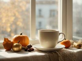 AI Generated Light photo, in white and beige tones. View from the window autumn. Cup of coffee on the windowsill. Cozy homely atmosphere in pastel colors. This photo was generated using Leonardo AI