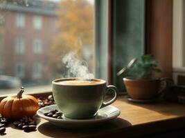 AI Generated cup of coffee with steam on the windowsill, view from the window autumn. Cozy homely atmosphere in pastel colors. This photo was generated using Leonardo AI