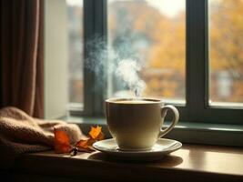 AI Generated cup of coffee with steam on the windowsill, view from the window autumn. Cozy homely atmosphere in pastel colors. This photo was generated using Leonardo AI