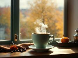 AI Generated cup of coffee with steam on the windowsill, view from the window autumn. Cozy homely atmosphere in pastel colors. This photo was generated using Leonardo AI