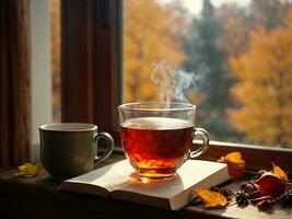 AI Generated A cup of hot tea with steam on a wooden windowsill, a book lies next to it, the view from the window is autumn, autumn trees. Cozy homely atmosphere. This photo was generated using