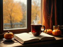 AI Generated A cup of hot tea with steam on a wooden windowsill, a book lies next to it, the view from the window is autumn, autumn trees. Cozy homely atmosphere. This photo was generated using