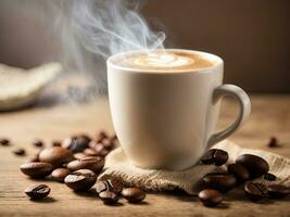 AI Generated Light photo, in white and beige tones. Cup of hot coffee with steam on a wooden background. Coffee beans. Cozy homely atmosphere in pastel colors. This photo was generated using Leonardo