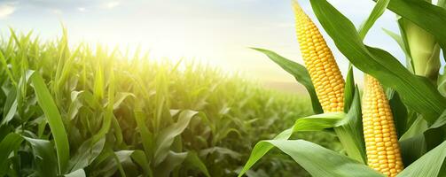 Closeup corn cobs in corn plantation field. Generative AI photo