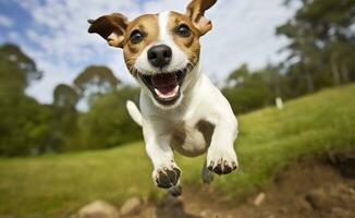 Jack rusia párroco perro correr hacia el cámara bajo ángulo alto velocidad disparo. ai generado foto