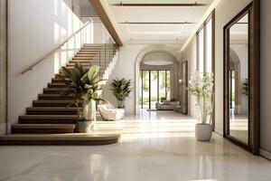 The interior design of the modern entrance hall with a staircase in the villa. AI Generated photo