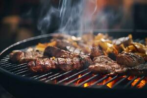 carne interrogatorio intenso en un carbón parrilla con fumar creciente. ai generado foto