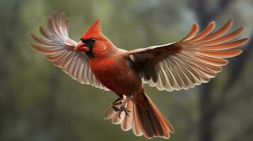 del Norte cardenal viniendo en para un aterrizaje. generativo ai foto