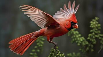 Northern Cardinal coming in for a landing. Generative AI photo