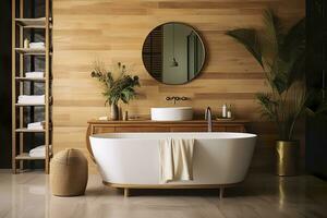 Interior of stylish bathroom with wooden cabinet, sink, bathtub, and mirror. AI Generated photo